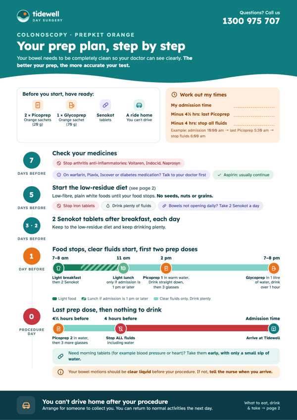 Example guide, page one: the prep timeline from seven days before to procedure day.